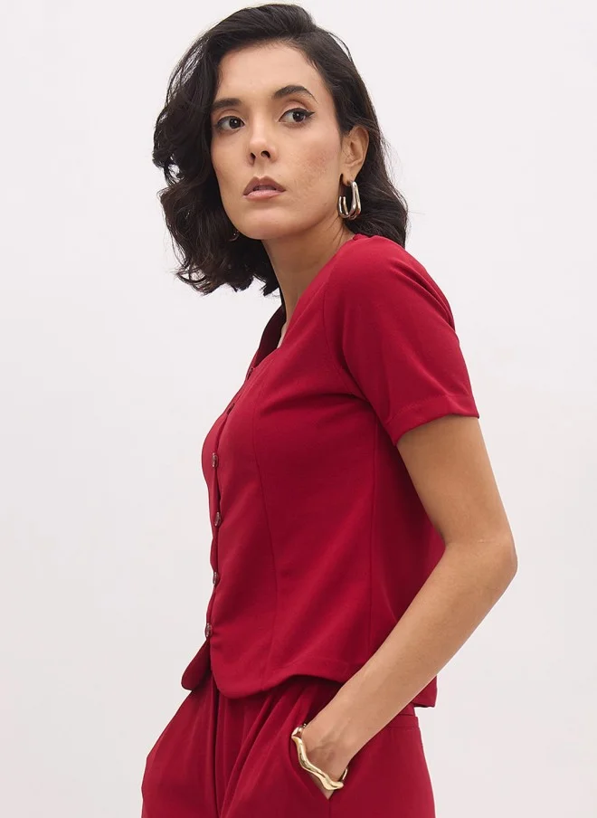 SASSAFRAS Maroon Solid Square Neck Top for Women