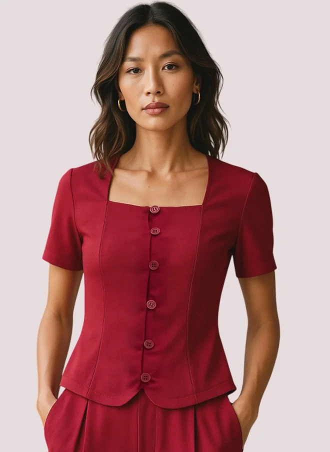 SASSAFRAS Maroon Solid Square Neck Top for Women