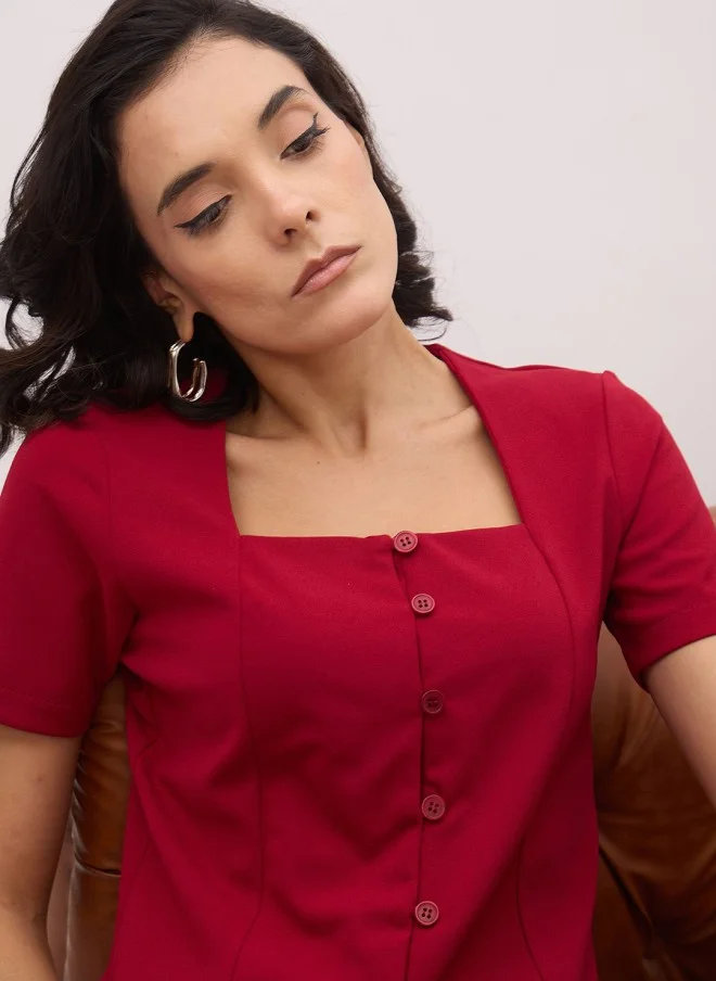 SASSAFRAS Maroon Solid Square Neck Top for Women
