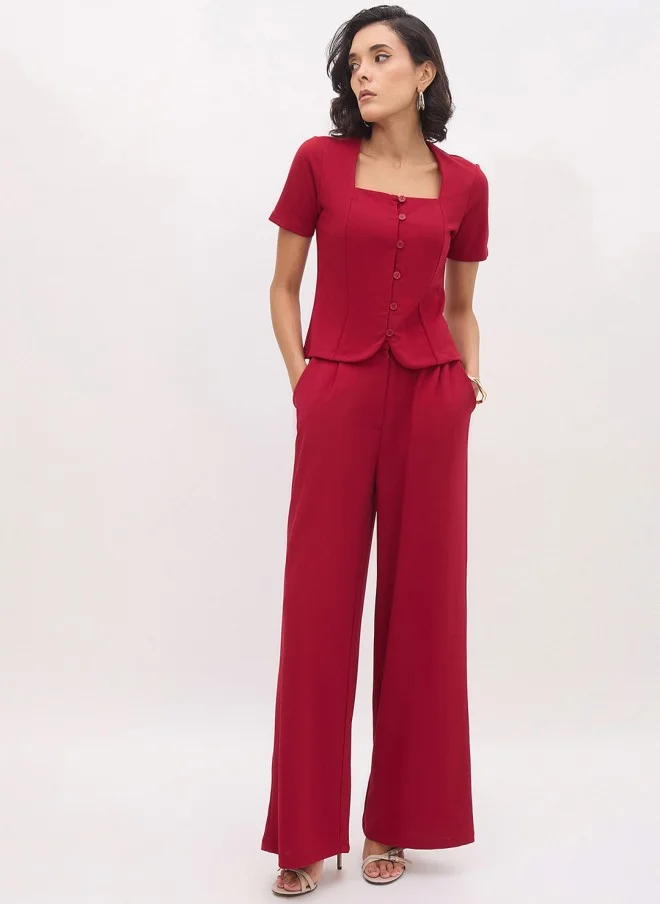 SASSAFRAS Maroon Solid Square Neck Top for Women