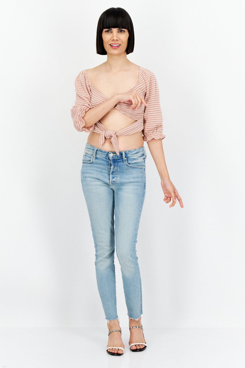 Endless Blu Women Keyhole Neck 3/4 Sleeve Knitted Cropped Top, Brown Combo - Image 3