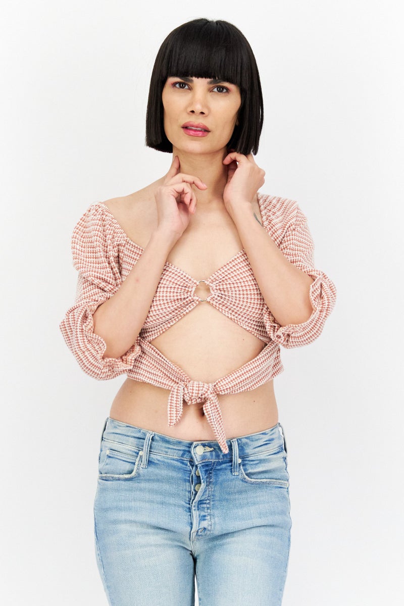 Endless Blu Women Keyhole Neck 3/4 Sleeve Knitted Cropped Top, Brown Combo - Image 1