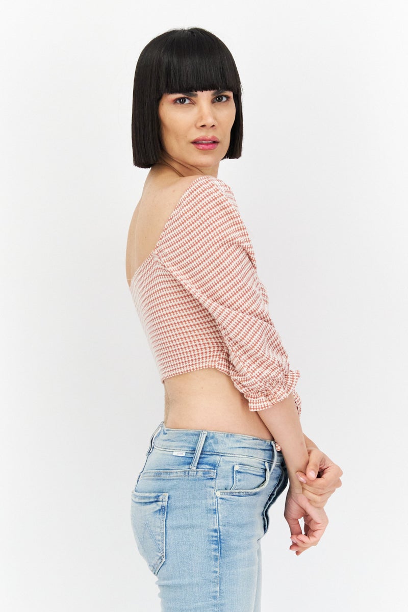 Endless Blu Women Keyhole Neck 3/4 Sleeve Knitted Cropped Top, Brown Combo - Image 4