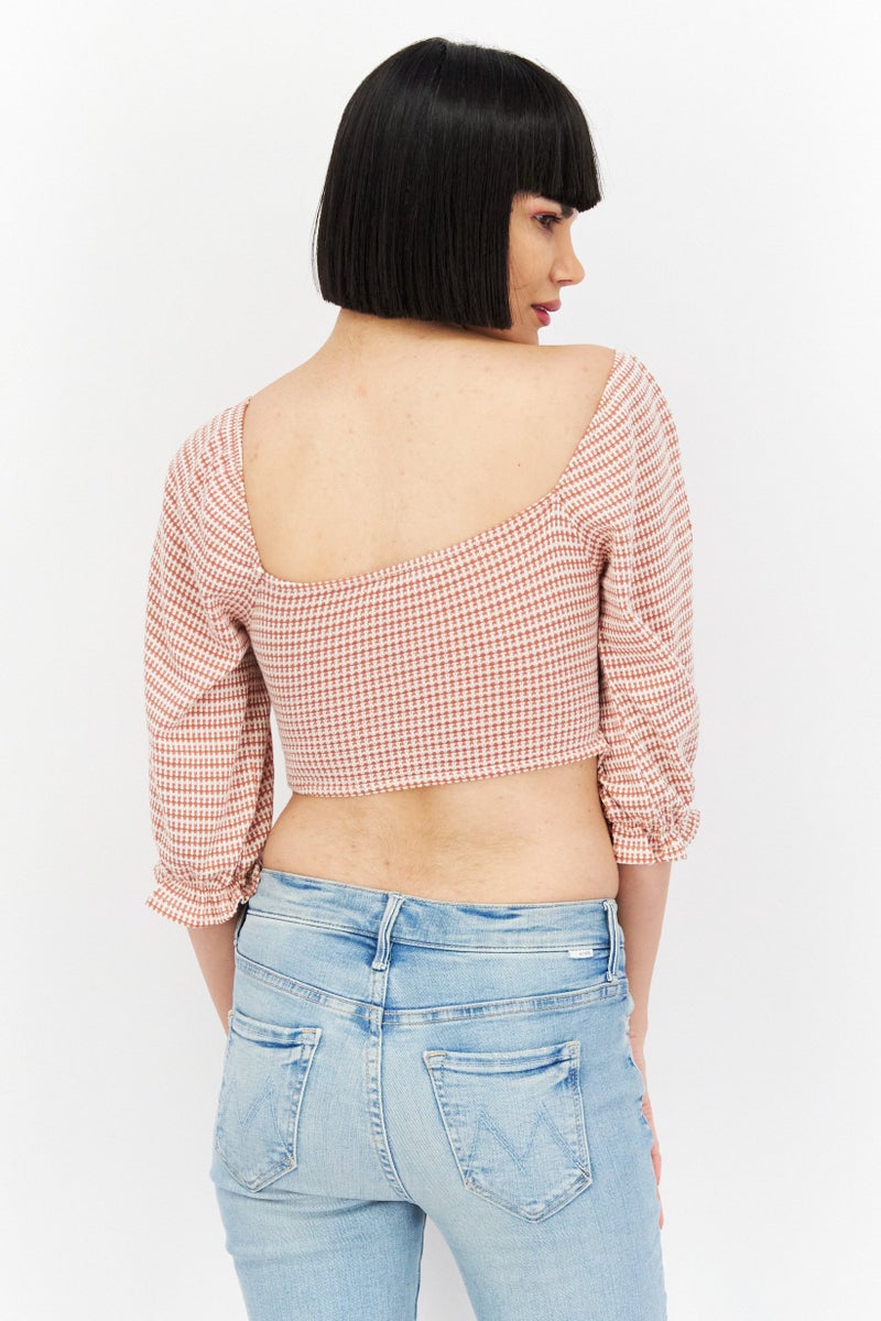 Endless Blu Women Keyhole Neck 3/4 Sleeve Knitted Cropped Top, Brown Combo - Image 2