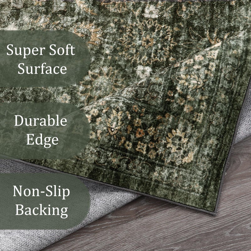 Morebes Vintage Carpet Runners for Hallway 12ft,Washable Extra Long Runner Rug for Entryway Indoor Non-Slip,Distressed Retro Soft Throw Rug for Kitchen Farmhouse Dining Room, Dark Green - Image 2
