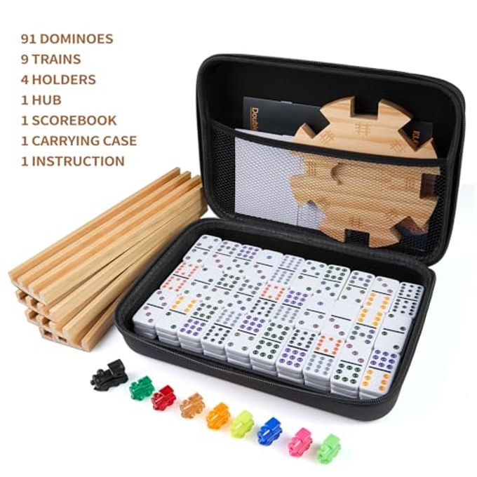 Elongdi Mexican Train Double 12 Dominoes Set with 4 Wooden Trays/Racks in Portable Carrying Case Colorful 91 Tiles & 9 Trains Board Game for Family Game Night - Image 5