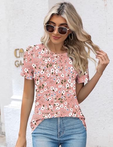 Kistore Blouses for Women Dressy Casual Floral Crew Neck Short Sleeve Pleated Tunic Tops to Wear with Leggings L - Image 5