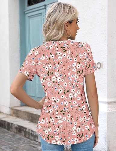 Kistore Blouses for Women Dressy Casual Floral Crew Neck Short Sleeve Pleated Tunic Tops to Wear with Leggings L - Image 3