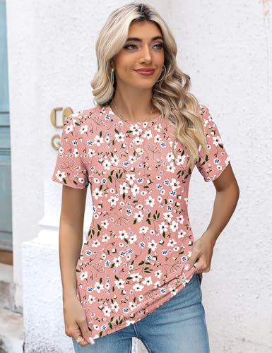 Kistore Blouses for Women Dressy Casual Floral Crew Neck Short Sleeve Pleated Tunic Tops to Wear with Leggings L - Image 2