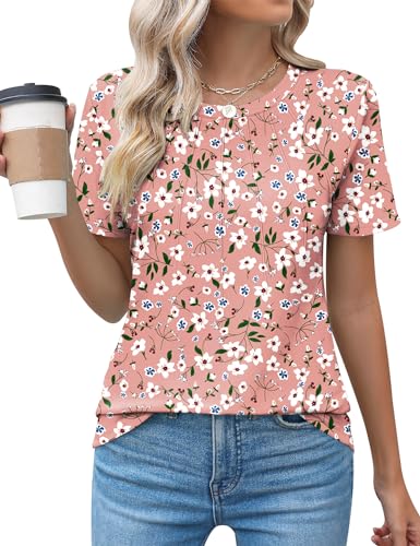 Kistore Blouses for Women Dressy Casual Floral Crew Neck Short Sleeve Pleated Tunic Tops to Wear with Leggings L - Image 1