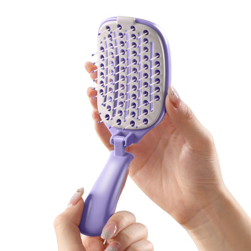 Rebex Travel Foldable Hair Brush,Self-cleaning Portable Pocket Hair Brush for Thin Thick Hair, Vented Speed Dry HairBrush for Men Women Kids Thick Thin Curly Straight Wet Dry Hair(Purple) - Image 1