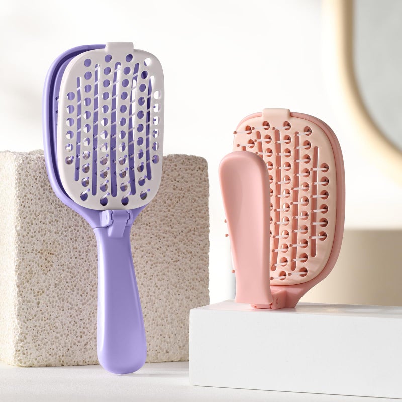 Rebex Travel Foldable Hair Brush,Self-cleaning Portable Pocket Hair Brush for Thin Thick Hair, Vented Speed Dry HairBrush for Men Women Kids Thick Thin Curly Straight Wet Dry Hair(Purple) - Image 2
