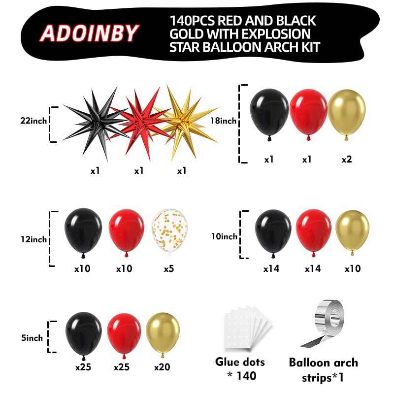 ADOINBY طقم قوس البالونات الأحمر والأسود والذهبي ADOINBY 140 قطعة انفجار نجوم بالونات معدنية سوداء وحمراء بأحجام مختلفة 22 18 12 10 5 بوصة لتزيين حفلات عيد الميلاد وحفلات الكازينو وليالي الأفلام - Image 5