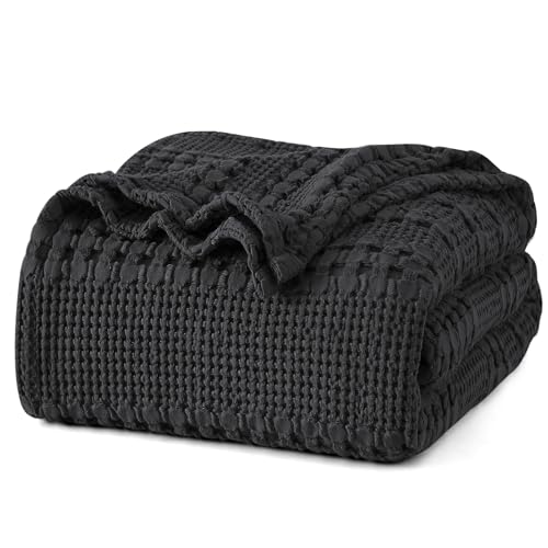 PHF 100 Cotton Waffle Weave Blanket Queen Size for Bed Soft Lightweight Breathable for Spring and Summer AllSeason Comfort Luxury Aesthetic Blanket for Home Decor 90x90 Black - Image 1