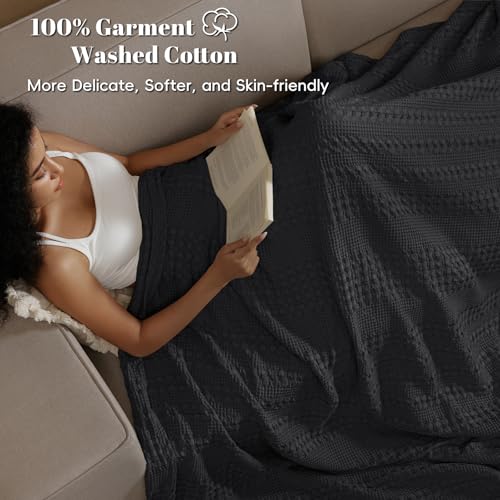 PHF 100 Cotton Waffle Weave Blanket Queen Size for Bed Soft Lightweight Breathable for Spring and Summer AllSeason Comfort Luxury Aesthetic Blanket for Home Decor 90x90 Black - Image 3
