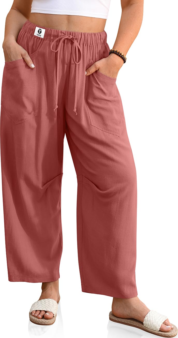 TARSE Women Baggy Linen Harem Pants Wide Leg Lounge Drawstring Barrel Summer Beach Trousers (RustRed, L) - Image 1