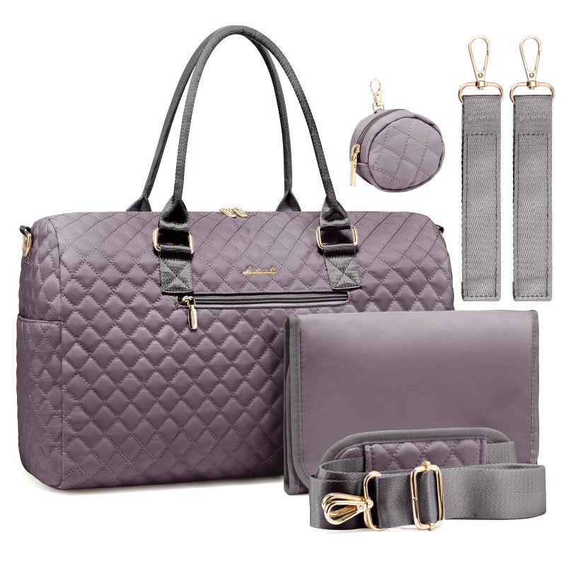 حقيبة حفاضات LOVEVOOK مع حقيبة مصاصة وسادة تغيير بسعة كبيرة حقيبة ماما للمستشفى والسفر في عطلة نهاية الأسبوع حقيبة أطفال عملية باللون الأرجواني والرمادي