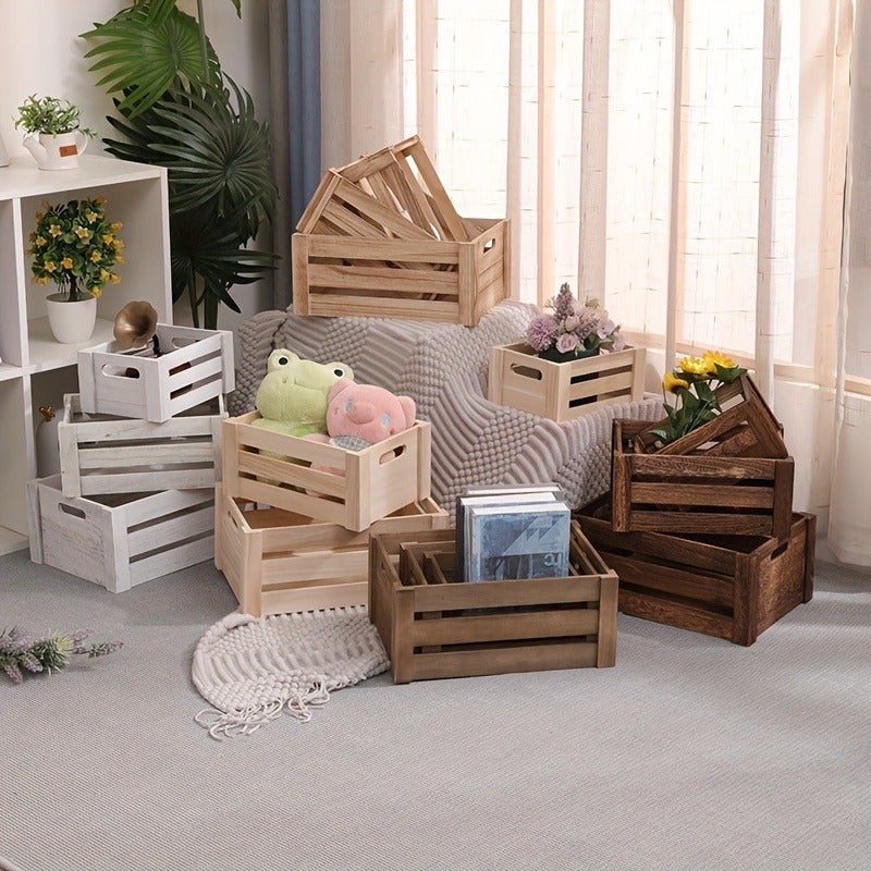 1or 3pcs Rustic Farmhouse Wooden Storage Crates Set - Handcrafted, Stackable Organizer Boxes in Vintage & wood Colors for Home Decor and Organization, Fall Decorations for Home - Image 4