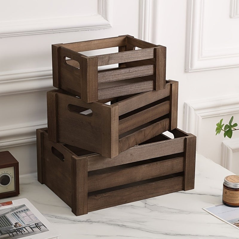 1or 3pcs Rustic Farmhouse Wooden Storage Crates Set - Handcrafted, Stackable Organizer Boxes in Vintage & wood Colors for Home Decor and Organization, Fall Decorations for Home - Image 2