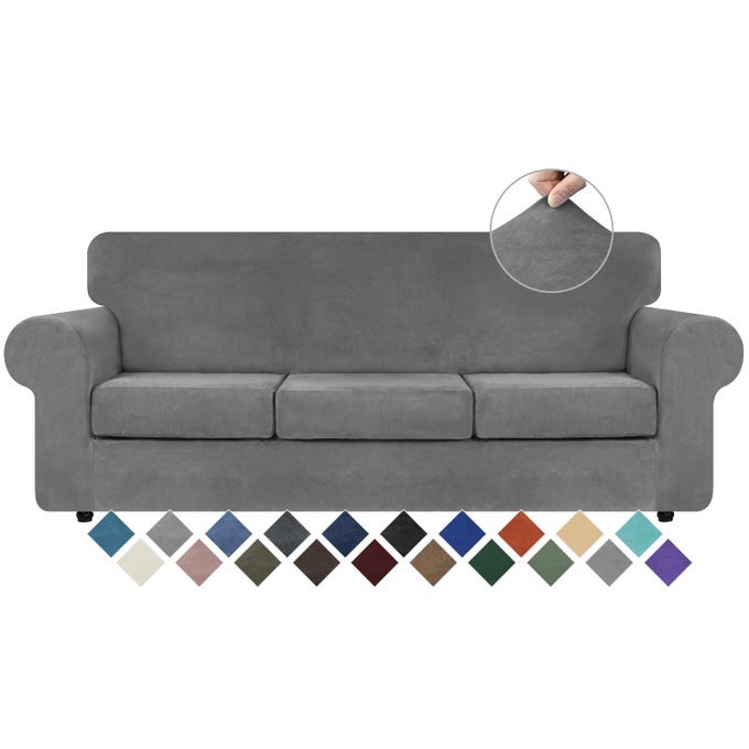 4 Pieces Velvet High Stretch Couch Covers for 3 Cushion Couch Sofa Slipcovers Washable Furniture Protector with Non Slip Elastic Bottom Feature Soft and Thick Plush Fabric Light Grey Large