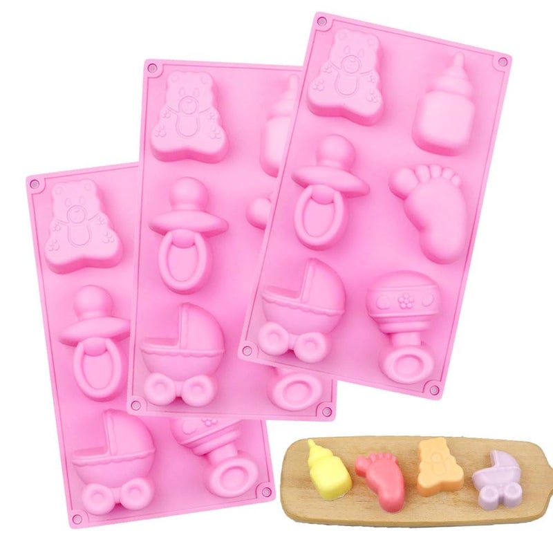 3 Pcs Baby Shower Party Silicone Mold 3D Baby Carriages Bottle Little Feet Bear Pacifier fondant Mold for Chocolate Soap Sugar Craft Candy Cupcake Topper Polymer Clay Cake Decoration QUDUMEPink