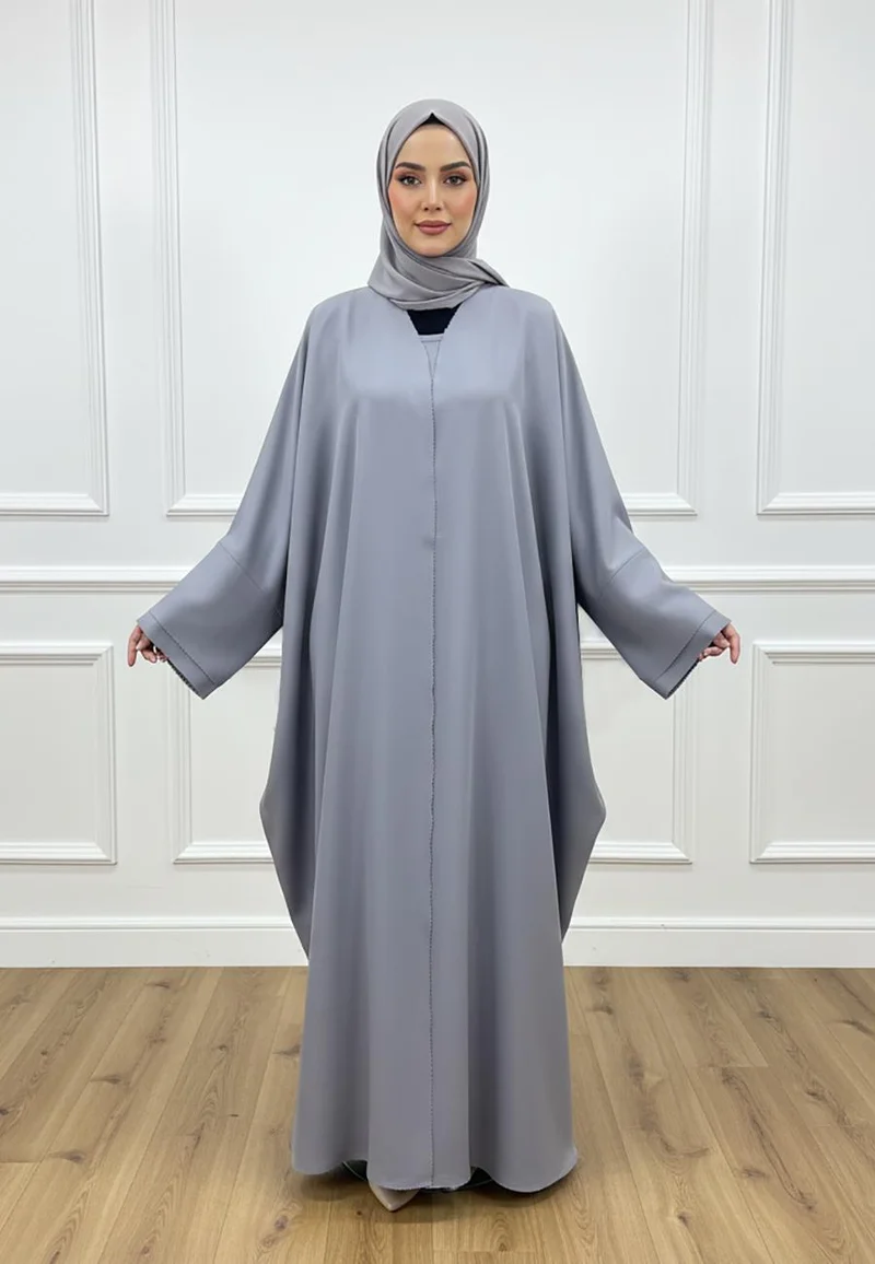Elegant Grey 2-Piece Abaya with Sleeveless Inner Dress-2P832
