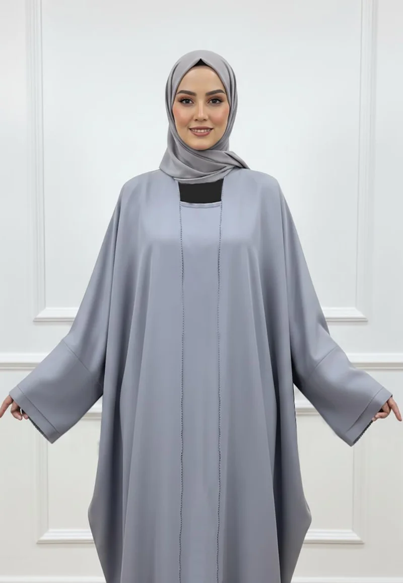 النخبة Elegant Grey 2-Piece Abaya with Sleeveless Inner Dress-2P832