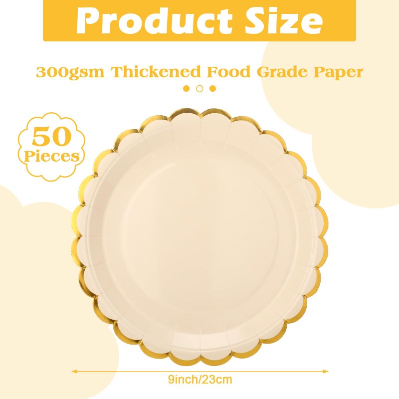 Maxcheck Maxcheck 50 Pcs Creamy White Scalloped Paper Plates with Gold Foil 9 Inches Disposable Paper Party Plates for Cake Dessert Birthday Baby Shower Wedding Tea Party Supplies  - Image 2