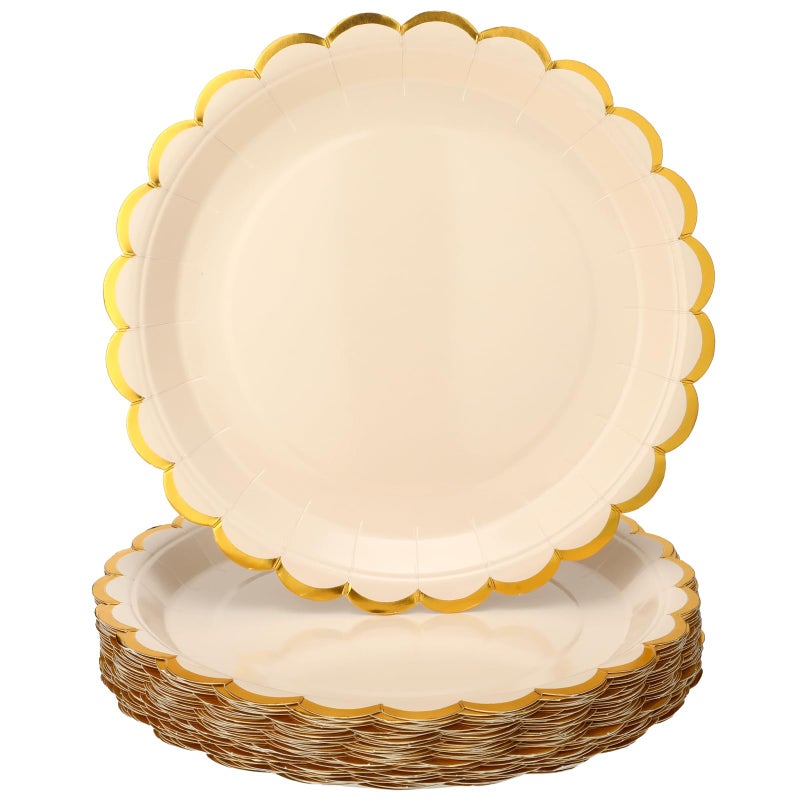 Maxcheck Maxcheck 50 Pcs Creamy White Scalloped Paper Plates with Gold Foil 9 Inches Disposable Paper Party Plates for Cake Dessert Birthday Baby Shower Wedding Tea Party Supplies  - Image 1