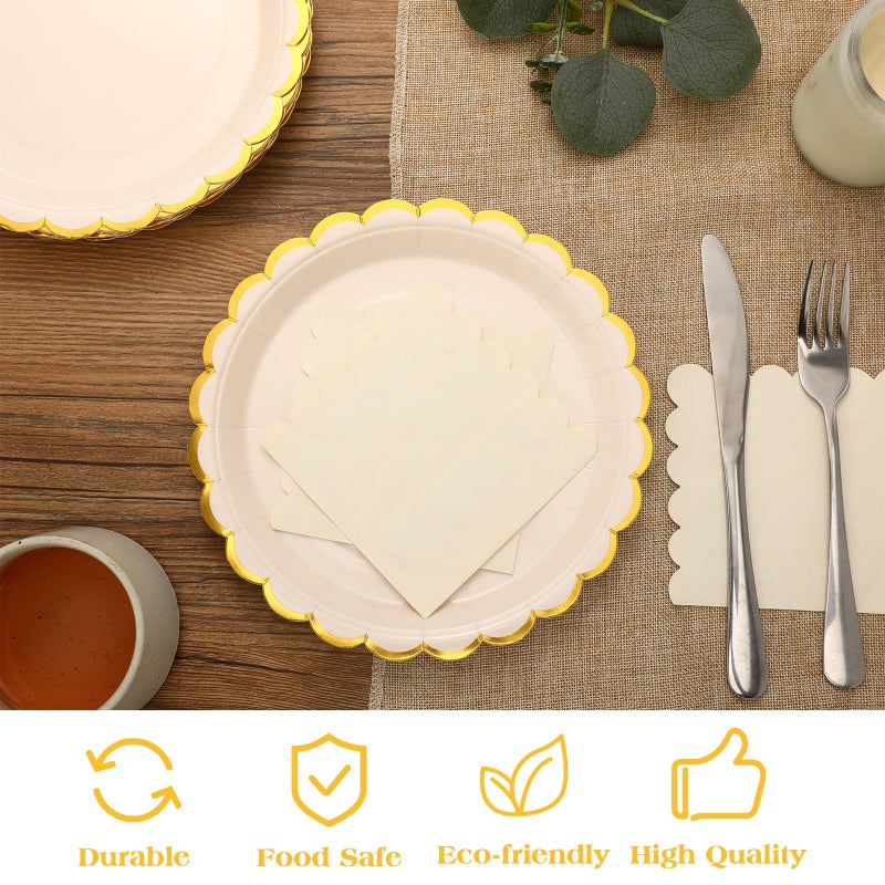 Maxcheck Maxcheck 50 Pcs Creamy White Scalloped Paper Plates with Gold Foil 9 Inches Disposable Paper Party Plates for Cake Dessert Birthday Baby Shower Wedding Tea Party Supplies  - Image 4