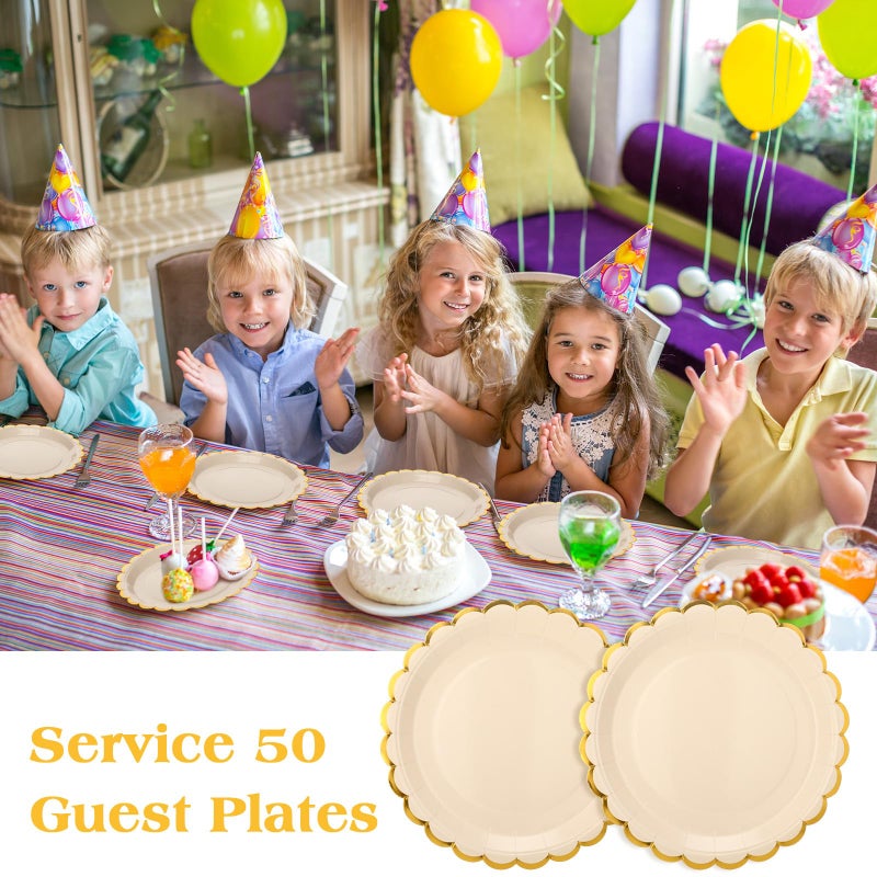 Maxcheck Maxcheck 50 Pcs Creamy White Scalloped Paper Plates with Gold Foil 9 Inches Disposable Paper Party Plates for Cake Dessert Birthday Baby Shower Wedding Tea Party Supplies  - Image 5