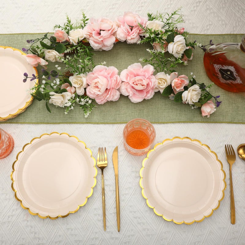 Maxcheck Maxcheck 50 Pcs Creamy White Scalloped Paper Plates with Gold Foil 9 Inches Disposable Paper Party Plates for Cake Dessert Birthday Baby Shower Wedding Tea Party Supplies  - Image 3
