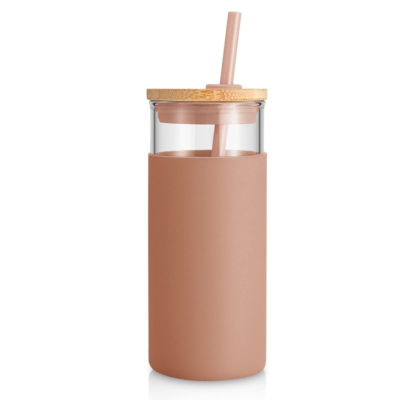 Tronco 20 oz Glass Tumbler with Lid and Straw, Iced Coffee Cup and Smoothie Cup with Bamboo Lids & Protective Silicone Sleeve, Dishwasher Safe, BPA-Free, Glass Cup 1 Pack - Image 1