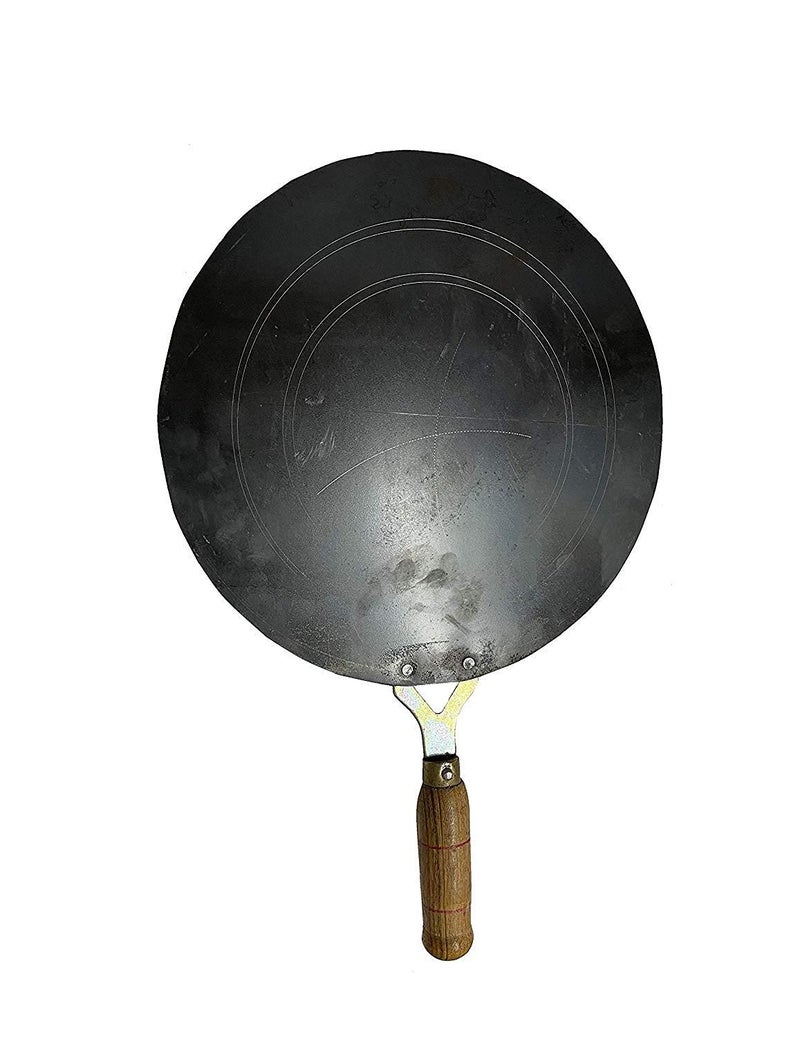 SAIFPRO Iron Flat Tawa for Roti Chapati with V Wooden Handle 10 Inch Black - Image 1