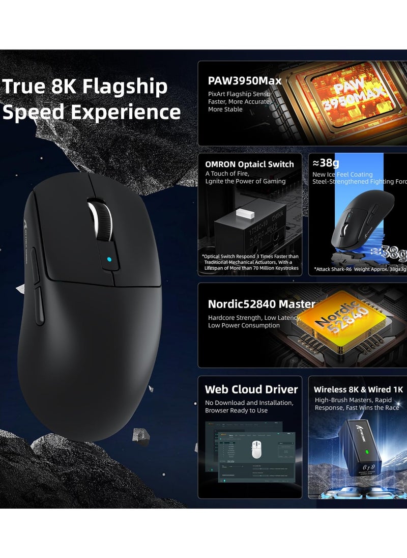 R6 Wireless Gaming Mouse,38G Ultra-Lightweight Trip-Mode 2.4G/USB-C/Bluetooth Mouse Gaming with PAW3950MAX Sensor,42000 DPI,50G Accelerated Speed for PC/Laptop/Mac PC/Laptop/Mac -Black