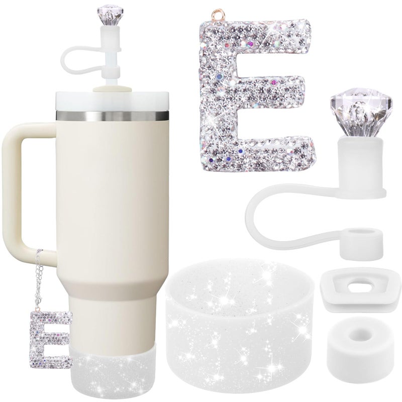 مجموعة ميتى للأمطار لملحقات كأس ستانلي مع سحر الحروف بما في ذلك غطاء القش الماسي 2 قطعة سدادة سيليكون مانعة للتسرب مجموعة أحذية سيليكون لامعة 4030 أونصة