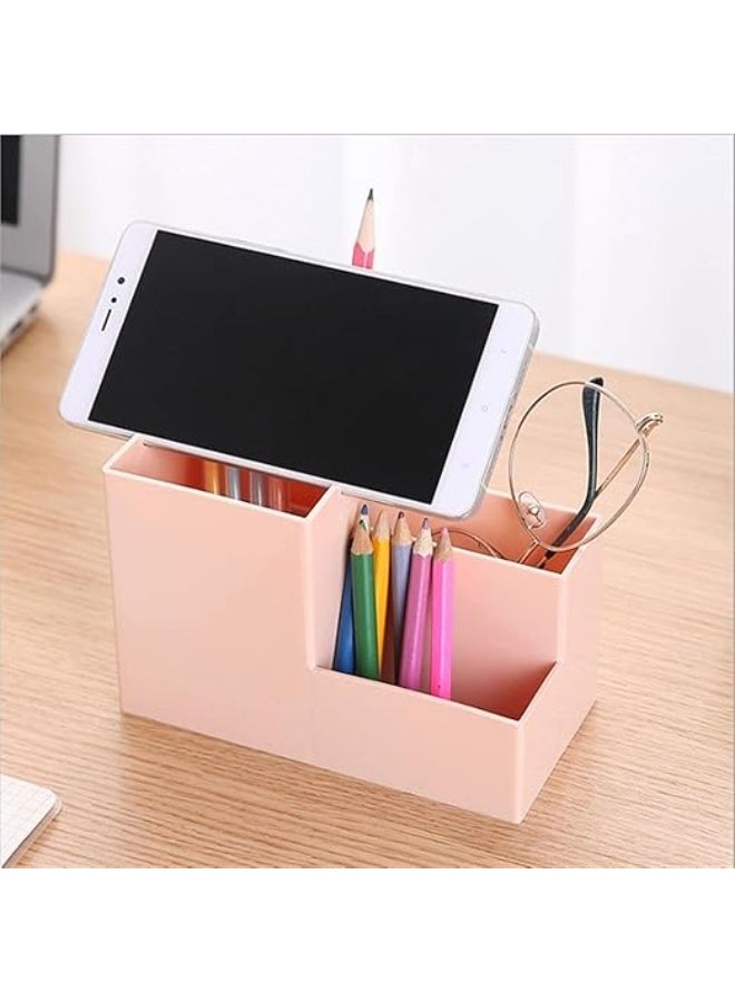 Spaceshoop Pencil Holder, Plastic 3 Slots Square Pen Cup Makeup Brush Desktop Organizer for Office Home (pink)  - Image 4