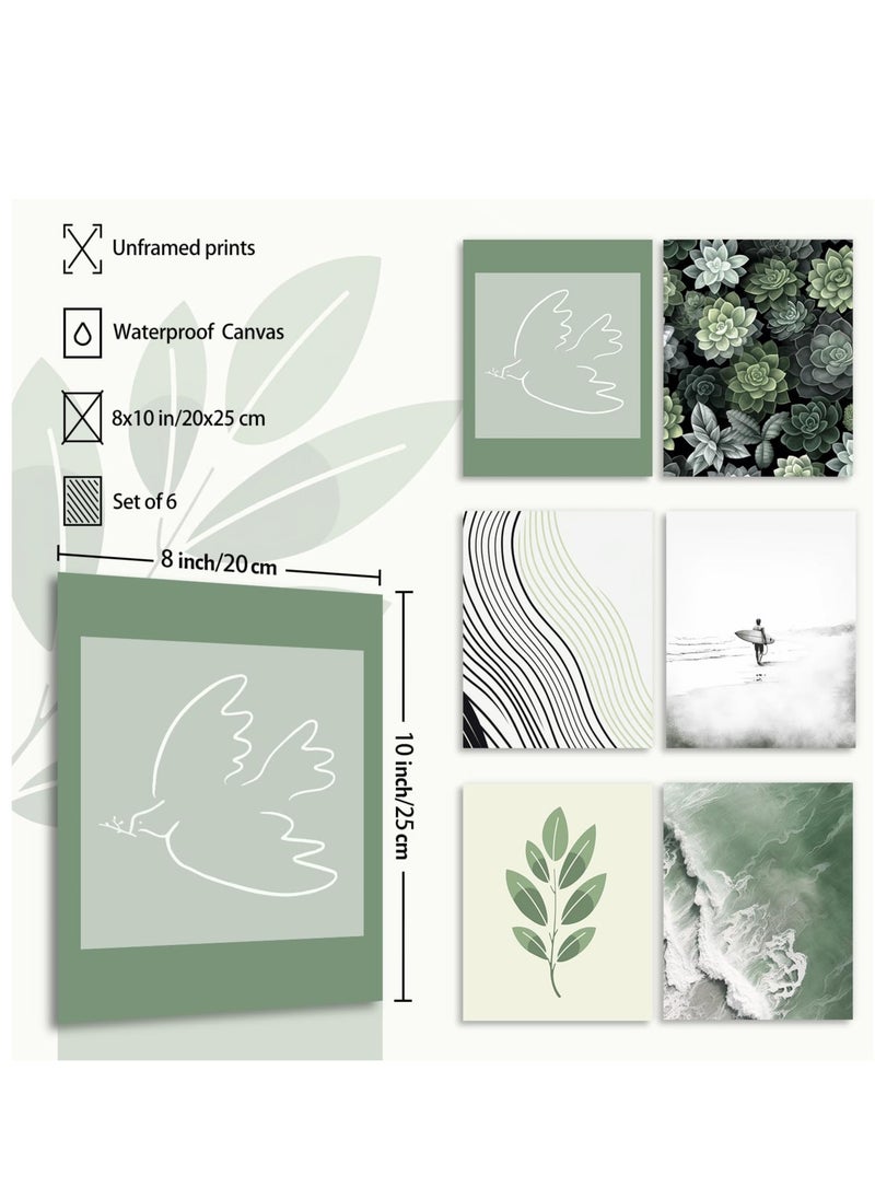 Excefore - Beach Wall Decor Poster, Sage Green Botanical Prints Abstract Minimalist Wall Poster for Bedroom Living Room Decor 20x30cm Unframed Set of 6 - Image 1