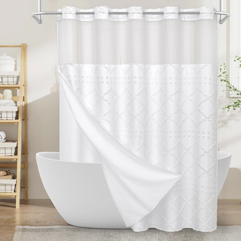 Craidlela Boho White Woven Fabric Shower Curtain 72 x 74 Modern Farmhouse, No Hooks Tufted Chevron Striped Shabby Chic Textured, Minimalist Cloth Curtain for Bathroom, Hotel Decor - Image 1
