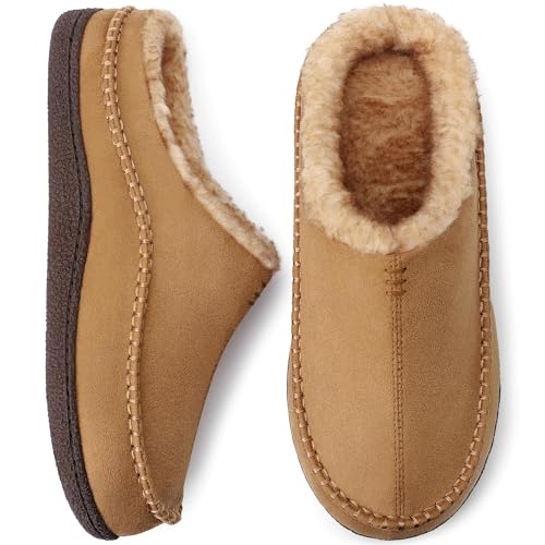 shoeslocker Mens Slippers Moccasin with Memory Foam Slip on, Indoor Outdoor House Shoes, Beige Wide Size 11-12 - Image 1