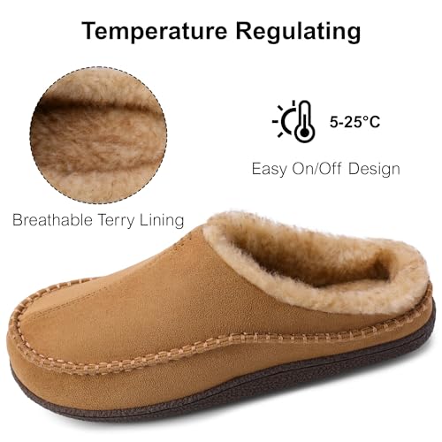 shoeslocker Mens Slippers Moccasin with Memory Foam Slip on, Indoor Outdoor House Shoes, Beige Wide Size 11-12 - Image 3