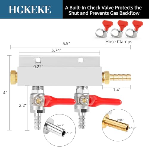 Hgkeke 5/16" Barded Gas Manifold 2 Way CO2 Distributor with Integrated Check Valves CO2 Manifold Independent Shut Off Gas Distributor for Homebrew - Image 2