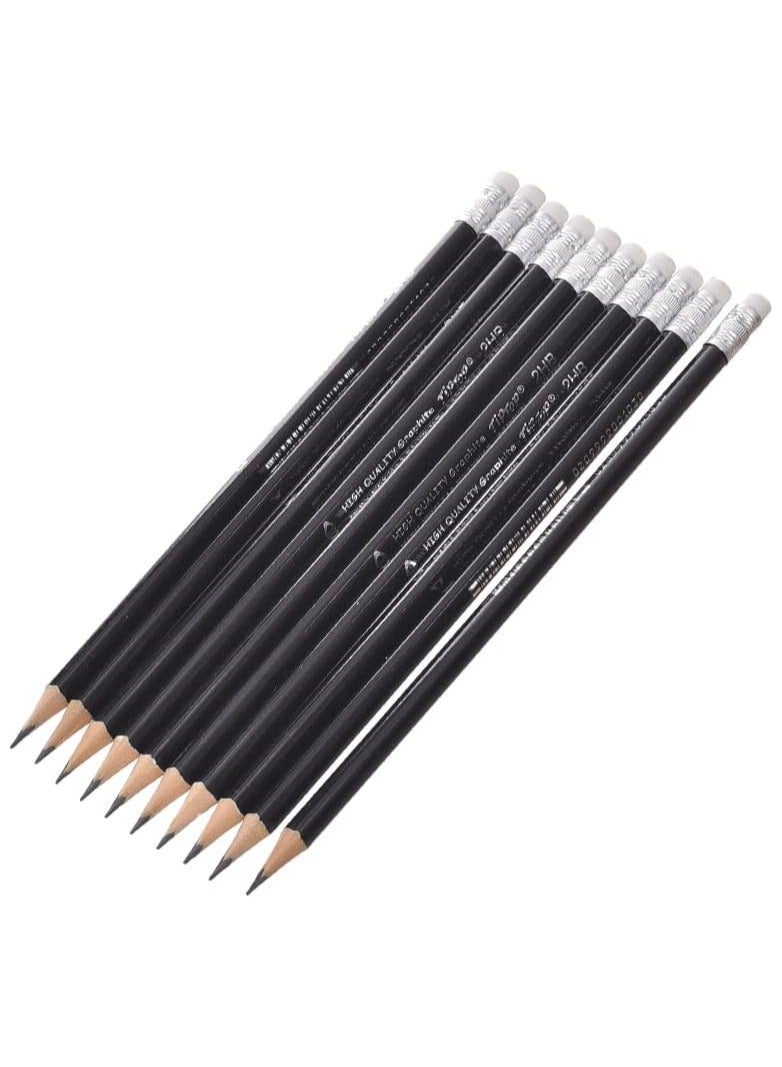 HB Graphite Pencil Set with Eraser, 12 Pieces - Black