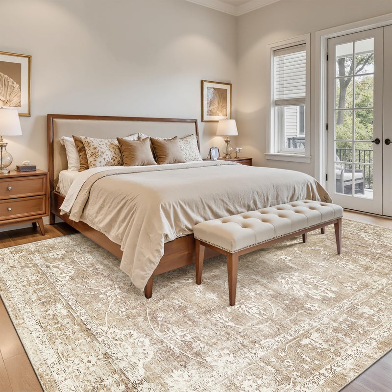 Madane 8x10 Area Rugs for Living Room, Machine Washable Vintage Natural Rug with Non-Slip Backing, Soft Large Throw Rug, Thin Carpet for Bedroom Dining Room Farmhouse (8 x 10, Beige/Brown) - Image 3