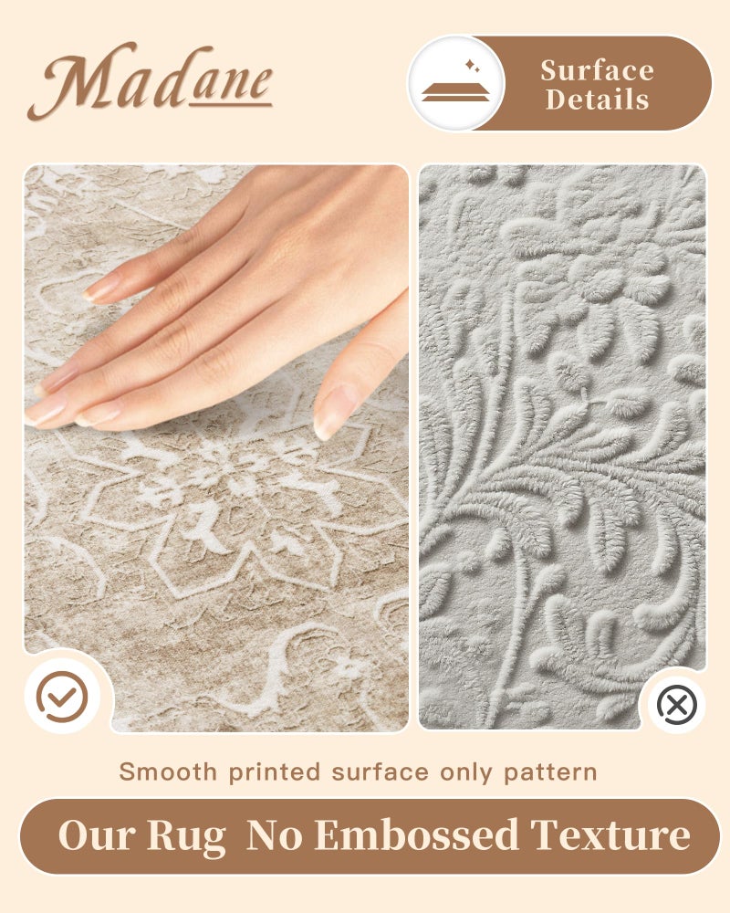 Madane 8x10 Area Rugs for Living Room, Machine Washable Vintage Natural Rug with Non-Slip Backing, Soft Large Throw Rug, Thin Carpet for Bedroom Dining Room Farmhouse (8 x 10, Beige/Brown) - Image 4