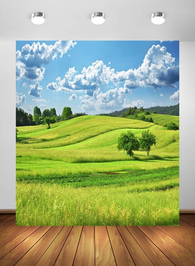 BELECO 7x5ft Fabric Spring Green Hills Meadow Backdrop Green Grass Lawn Trees Blue Sky White Clouds Photography Background Outdoor Nature Scenery Easter Decor Kid Baby Portrait Photo Studio Props - Image 1