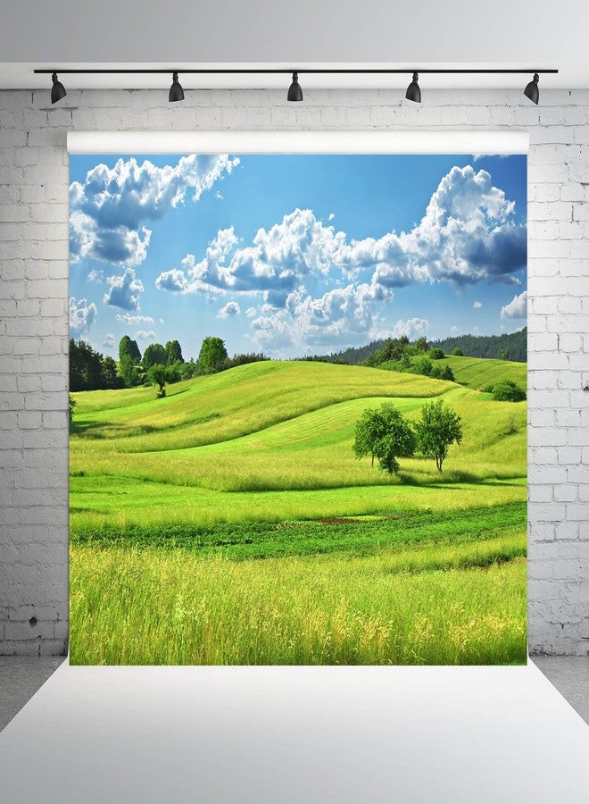 BELECO 7x5ft Fabric Spring Green Hills Meadow Backdrop Green Grass Lawn Trees Blue Sky White Clouds Photography Background Outdoor Nature Scenery Easter Decor Kid Baby Portrait Photo Studio Props - Image 3