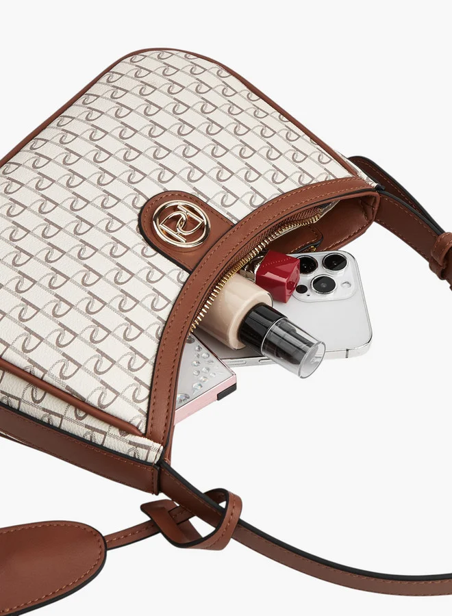 Paprika Monogram Print Shoulder Bag with Adjustable Strap and Zip Closure