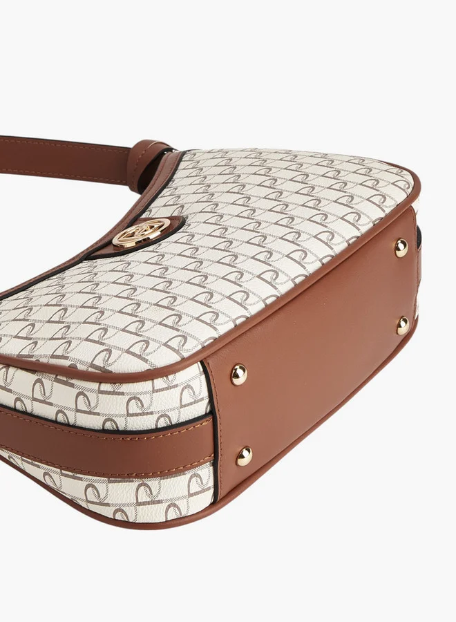 Paprika Monogram Print Shoulder Bag with Adjustable Strap and Zip Closure
