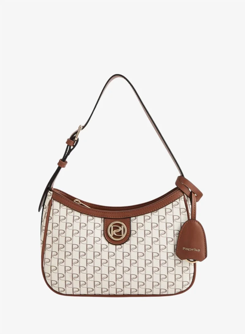 Paprika Monogram Print Shoulder Bag with Adjustable Strap and Zip Closure